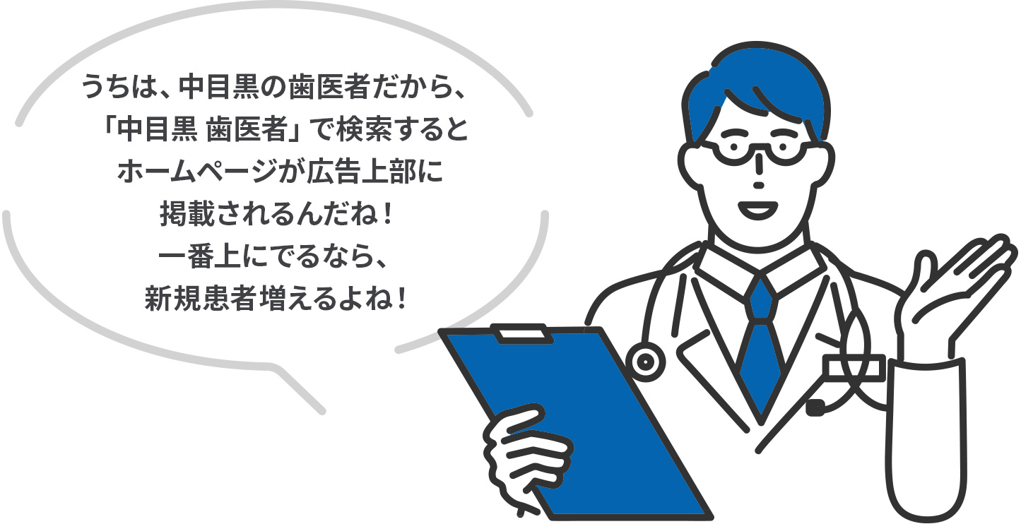 うちは、中目黒の歯医者だから、「中目黒 歯医者」で検索するとホームページが広告上部に掲載されるんだね！一番上にでるなら、新規患者増えるよね！