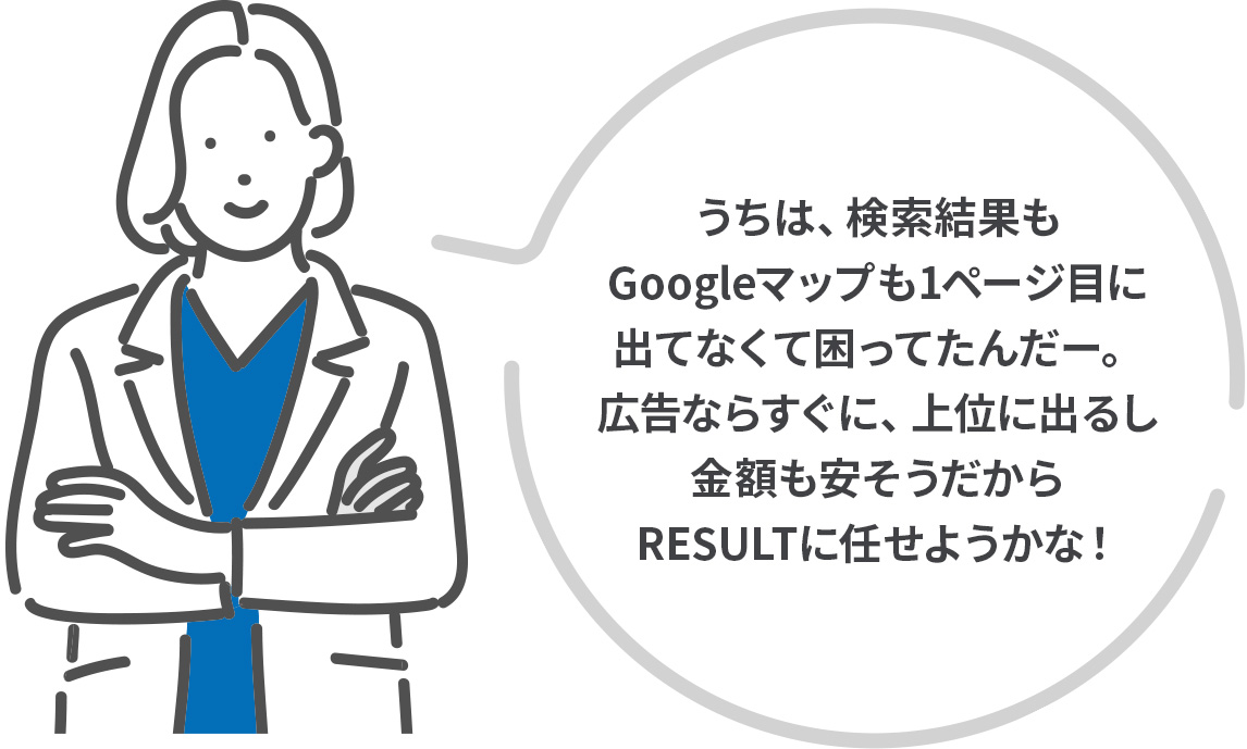 うちは、検索結果もGoogleマップも1ページ目に出てなくて困ってたんだー。広告ならすぐに、上位に出るし金額も安そうだからRESULTに任せようかな！